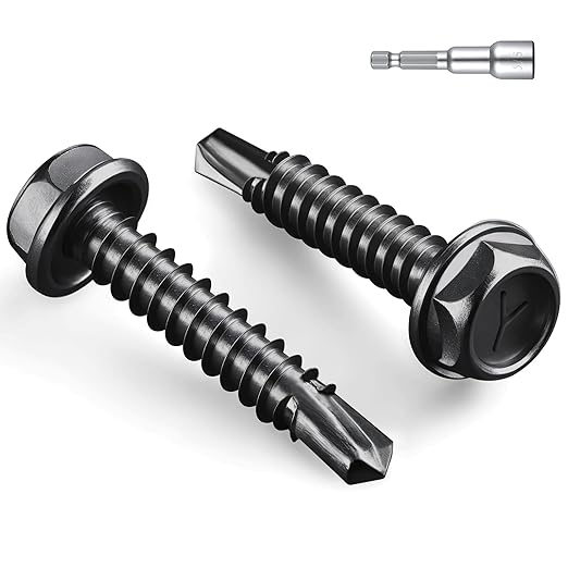 #14 x 1-1/4 Inch Self Drilling Screws, (117pcs) 2 lbs Black Self Tapping Screws for Metal, 410 Stainless Steel Hex Washer Head Sheet Metal Screw