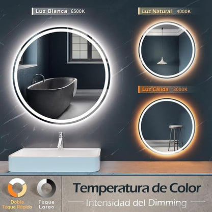 KWW 28 Inch Large Modern LED Round Bathroom Vanity Mirror, Color Temperature Adjustable, Anti-Fog Dimmable Lights, Easy to Install, Wall Mounted Makeup Mirror with Smart Touch Button