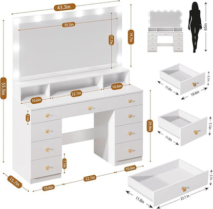 White Vanity Desk with Large Lighted Mirror, Makeup Vanity Desk with Power Outlet, 9 Drawers & Storage Shelf, Women Girls Vanity Dressing Table for Bedroom Bathroom