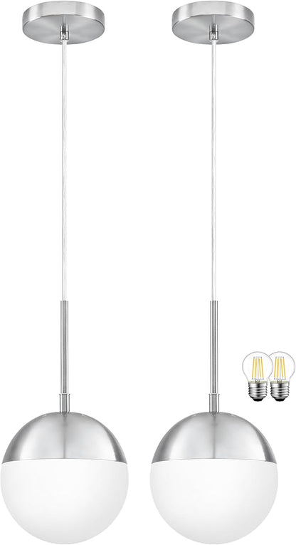 6 Inch Nickel 2 Pack Mid Century Modern Pendant Light Pendants for Kitchen Island Frosted Milky White Glass Globe Height-Adjustable Modern Hanging Globe Pendant Light for Bedroom (Bulb Incl)
