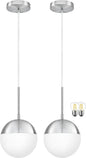 6 Inch Nickel 2 Pack Mid Century Modern Pendant Light Pendants for Kitchen Island Frosted Milky White Glass Globe Height-Adjustable Modern Hanging Globe Pendant Light for Bedroom (Bulb Incl)