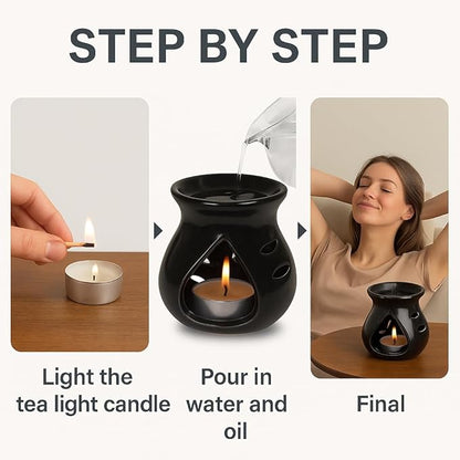 Pure Source India Ceramic Essential Oil Burner Wax Melt Burners |Aromatherapy| Ceramic Oil Diffuser| Candle Tealight Holder (Set of 1) Home Bedroom Decor Christmas Housewarming Gift, Black