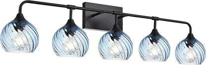 MELUCEE 5-Light Bathroom Light Fixtures 42 Inches, Matte Black Vanity Lights with Blue Striped Swirl Glass Shade, Mid-Century Modern Bathroom Vanity Light Over Mirror
