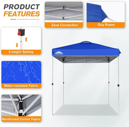 EAGLE PEAK Pop Up Canopy Tent with Wheeled Carry Bag, 8 Stakes, 4 Ropes, Easy Set Up Tent Canopy, 6.6x6.6 ft, Blue