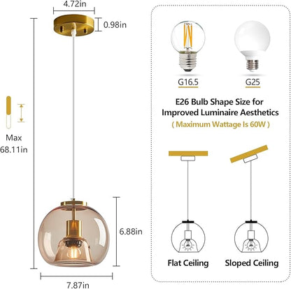 Light Coffee Glass Pendant Lights Kitchen Island Gold Hanging Light Fixture Glass Globe Pendant Light Modern Pendant Lighting for Kitchen Island Bedroom Dining Room (7.87", 1 Pack)