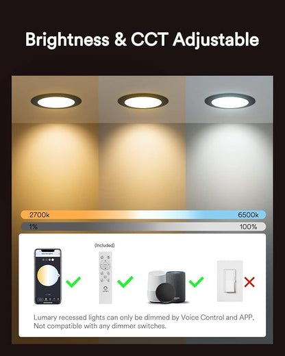 Lumary Smart Recessed Lighting 6 Inch, Color Changing LED Recessed Lights with J-Box 13W 1000LM, Dimmable Canless Wafer Downlight, Work with Alexa/Google Assistant, ETL Listed, 6Inch 4 Pack, Black