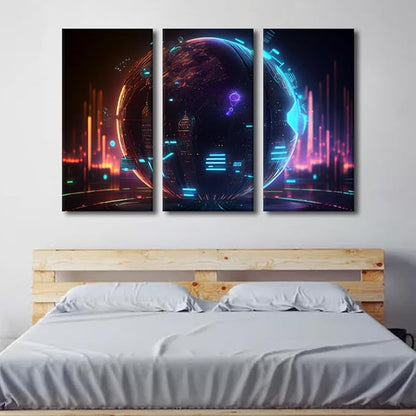TUMOVO 3 Piece Future Energy Power Technology and Internet Connection Concept Pictures Print On Canvas Wall Art for Bedroom Living Room Decoration, Wooden Framed Ready to Hang, 60" Wx40 H