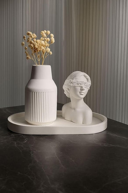 Modern White Plaster Decorative Vase Set - Abstract Minimalist Home Decor Vases with Tray for Living Room, Coffee Table