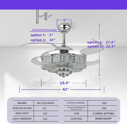 BAYSQUIRREL 42-inch Retractable Ceiling Fan with Light and Remote/APP Control, Bluetooth Ceiling Fans with Speaker, RGB-LED Light 6 Speeds Reversible Blades,Flush Mount Chandelier Crystal Ceiling Fan
