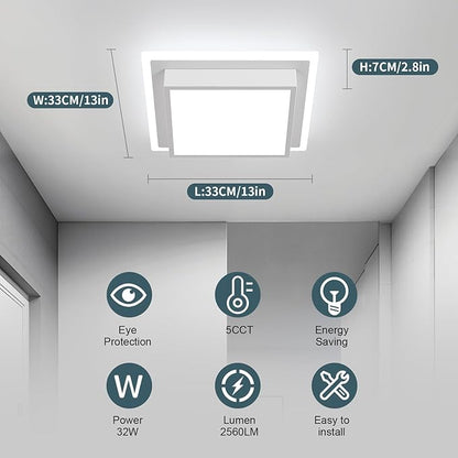32W Modern LED Ceiling Light, 13 Inches Square Ceiling Light, 5CCT Flush Mount Ceiling Light, Hallway Ceiling Lighting Fixtures for Living Room Bedroom Bathroom Kitchen