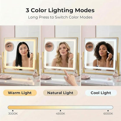 Vanity Mirror with Lights, 12" x 16" Lighted Makeup Mirror with Smart Touch Control, LED Makeup Mirror with 3 Color Lighting Modes, 360° Rotation, 10X Magnification for Tabletop - Gold