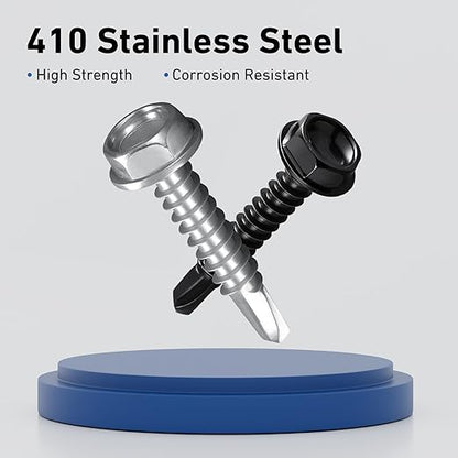 #10 x 1-1/4 Inch Self Drilling Screws, 312pcs 3 lbs Self Tapping Screws for Metal, 410 Stainless Steel Hex Washer Head Sheet Metal Screw