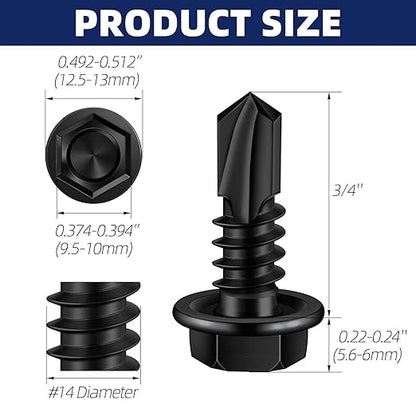 MewuDecor #14 x 3/4" (3/4" to 4" Available) Hex Washer Head Self Drilling Sheet Metal Screws with Drill Point, Stainless Steel 410, Black Oxide, 50 PCS
