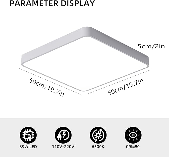 Ganeed 19.6 inch LED Ceiling Lights, 39W Square Flush Mount Day Light 6500K LED Ceiling Lamp, Energy Saving Light Fixture for Office Bedroom Kitchen Hallway Hotel, White