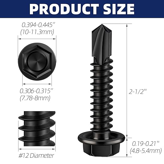 MewuDecor #12 x 2-1/2" (5/8" to 3" Available) Hex Washer Head Self Drilling Sheet Metal Screws with Drill Point, Stainless Steel 410, Black Oxide, 25 PCS
