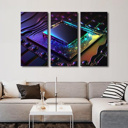 3 Panel Wall Art Computer Processor Poster on Canvas, Framed Wall Art Artificial Intelligence Wall Decoration Modern Artwork Giclee Stretched Framed Ready to Hang, 42" Wx28 H