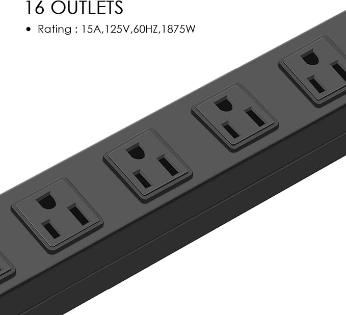 Metal Wall Mount Power Strip, Mountable Power Outlet, Aluminum Alloy Mount Power Socket with Switch, 6 FT SJT 3/C 14AWG Power Cord, 15A 125V 1875W (16 Outlet)