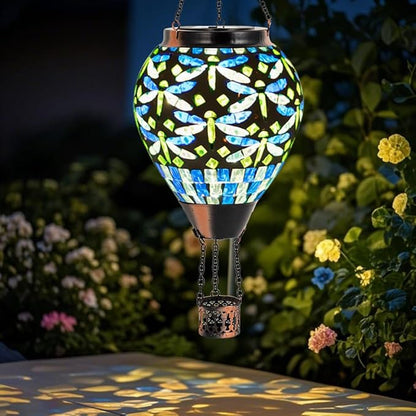 Starsoul Mosaic Dragonfly Hot Air Balloon Solar Lantern Glass Outdoor Hanging Hot Air Balloon Solar Flickering Flame Light Waterproof Garden Patio Yard Party Decorations