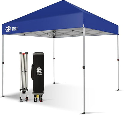 CROWN SHADES 8x8 Pop Up Canopy, Patented Center Lock One Push Instant Popup Outdoor Canopy Tent, Newly Designed Storage Bag, 8 Stakes, 4 Ropes, Silver-Coated Navy Blue