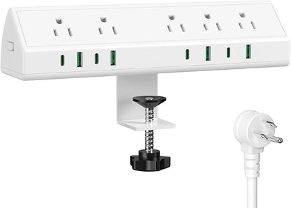 45W Fast Charging Station,Desk Clamp Power Strip,4 PD USB-C Ports,5 AC Outlets,Surge Protector Power Strip, 14AWG Heavy Duty Cord, Fits 1.9" Tabletop Edge (White, 20 FT Cable)