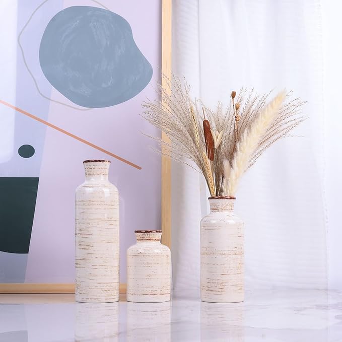 Ceramic Vase Set - 3 Ceramic Small Vases, Farmhouse Country Flower Vase Home Decor, Living Room Decoration, Table Decoration, Fireplace Decor, and Entrance Decorations Centerpieces