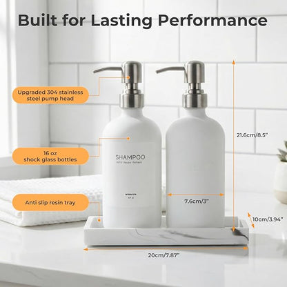 White Glass Soap Dispenser Set for Kitchen, Hand and Dish Soap Dispenser with Stainless Steel Pump & Resin Tray, Perfect for Kitchen,Hotel Rental-Modern Sink Decor for Kitchen & Bath