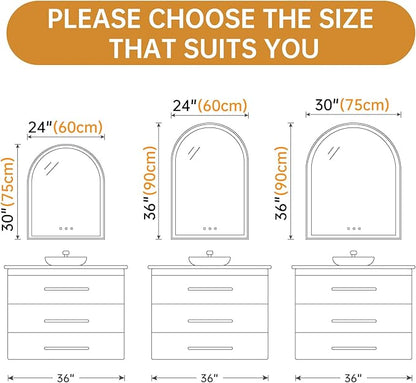 30"x36" Arched LED Mirror for Bathroom, Brushed Gold Lighted Bathroom Mirror with Lights, Fogless, Dimmable, Shatterproof, Touch Sensor, 3 Color Changing