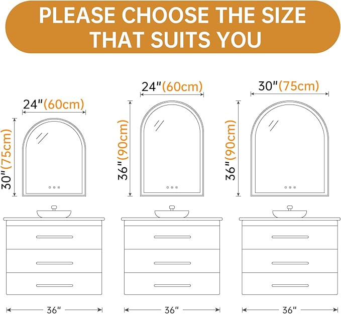 Arched LED Mirror for Bathroom 30"x36", Silver LED Bathroom Mirror with Lights-Fogless, Dimmable, 3 Color Changing, Touch Sensor
