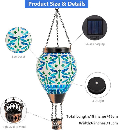 Starsoul Mosaic Dragonfly Hot Air Balloon Solar Lantern Glass Outdoor Hanging Hot Air Balloon Solar Flickering Flame Light Waterproof Garden Patio Yard Party Decorations