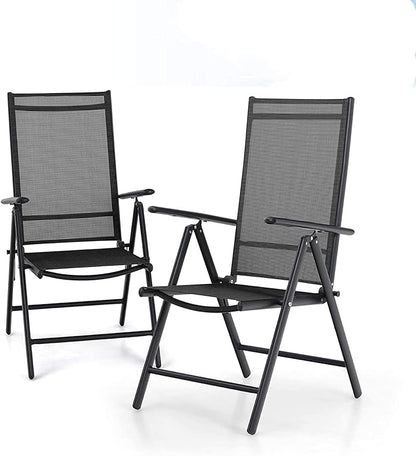 MFSTUDIO Patio Folding Chairs Set of 2, Outdoor Patio Dining Chairs, Portable Black Sling Patio Chairs, 7 Levels Adjustable Sling Back Chairs for Backyard Lawn Garden