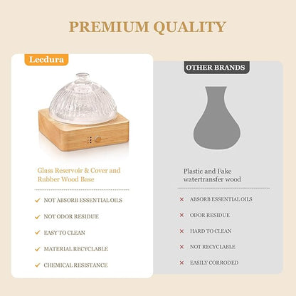 Glass Essential Oil Diffuser with Glass Reservoir & WoodBase, 200ml Ultrasonic Lock Color Timer Auto-Off 7 Color Light Aroma Glass Dome Diffuser for Home Office Bedroom Yoga