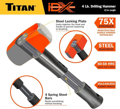 Titan iDX 63614 4lb Drilling Hammer, Sledgehammer with 12" Indestructible Handle Reinforced with Steel Locking Plates & Steel Bars, Vulcanized Rubber Grip, Overstrike Protection