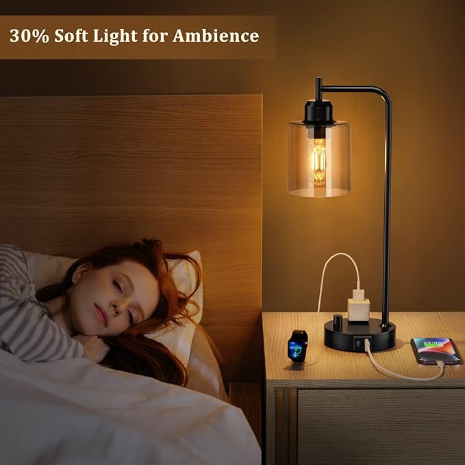 Industrial Bedside Desk Lamps for Bedroom - Grey Smoked Glass Shade Table Lamp with USB C Port, Fully Dimmable Small Lamps with USB Port and Outlet, Reading Nightstand Lamps for Office Living Room
