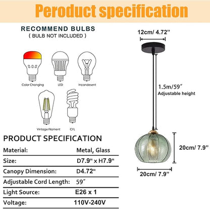 Green Pendant Light 7.8" Glass Globe Pendant Lighting Vintage Pendant Light Kitchen Island Lights Ceiling Hanging Ribbed Glass Chandelier Light Fixture for Dining Room Living Room Bedroom