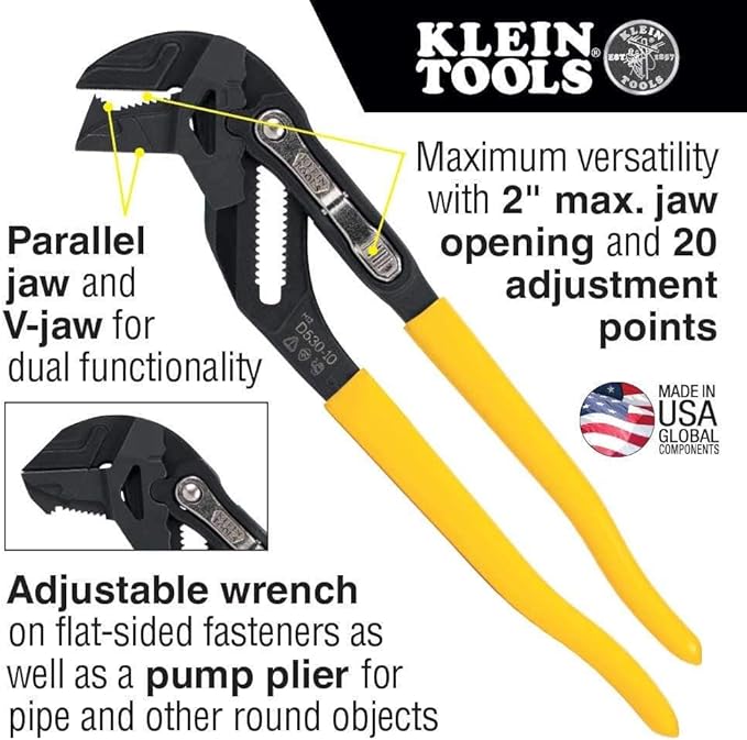 Klein Tools D53010 Plier Wrench, High Leverage Multi-Use Pump Plier with Adjustable and Reversible Double-Sided Jaw, Smooth and Knurled Teeth, 10-Inch