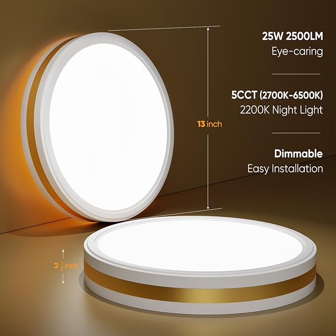 13 Inch Flush Mount Ceiling Light with Night Light, 5CCT Modern White Gold LED Ceiling Light Fixture, 25W 2500LM 2700K-6500K Adjustable, Dimmable Light Fixtures Ceiling Mount for Bedroom Hallway, ETL