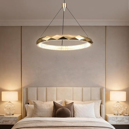 HEYAN Modern Gold Ring Chandelier, 16-Inch Faceted Geometric LED Pendant Light, Dimmable 3-Color Changeable Island Lighting, 25W Luxury Acrylic Crystal-Effect Ceiling Fixture for Dining Room & Kitchen
