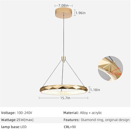 HEYAN Modern Gold Ring Chandelier, 16-Inch Faceted Geometric LED Pendant Light, Dimmable 3-Color Changeable Island Lighting, 25W Luxury Acrylic Crystal-Effect Ceiling Fixture for Dining Room & Kitchen