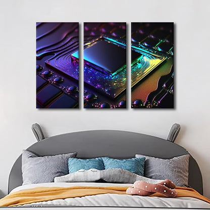3 Panel Wall Art Computer Processor Poster on Canvas, Framed Wall Art Artificial Intelligence Wall Decoration Modern Artwork Giclee Stretched Framed Ready to Hang, 42" Wx28 H