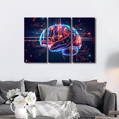 TUMOVO Artificial Intelligence, Cyber Security, Cloud Managed, Circuit Board Pictures Print on Canvas 3 Panel Canvas Wall Art AI Brain Cloud Networking Artwork Ready to Hang, 36" Wx24 H