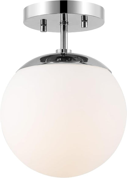 JONATHAN Y 7.75" Chrome/White Modern Semi Flush Mount Ceiling Light, LED Fixture for Entryway, White Frosted Glass Globe Shade, Mid-Century Farmhouse Lighting for Bedroom Hallway (JYL7499D)