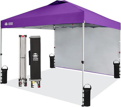 CROWN SHADES 10x10 Pop Up Canopy with 1 Side Wall - Beach Tent with One Push Setup - Outdoor Sun Shade for Events, Parties, Camping - Gazebo with STO-N-Go Cover Bag (Purple)