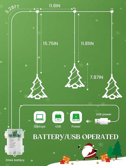woohaha 30LED Christmas Window Lights,3 Christmas Tree Curtain String Lights USB/Battery Operated,Hanging Xmas Light for Indoor Outdoor Bedroom,Room,Wall,Party,Holiday Decorations(Green)