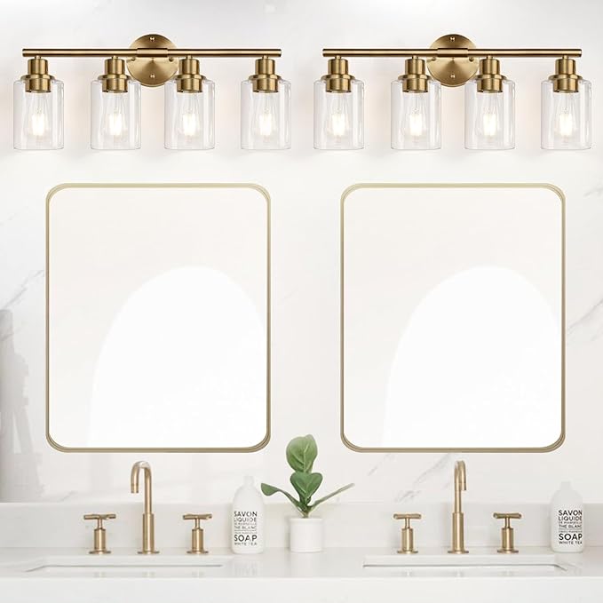 4-Light Bathroom Light Fixtures, Brushed Brass Modern Vanity Lights with Cyan Glass Shades, Bathroom Wall Lamp for Mirror Kitchen Living Room