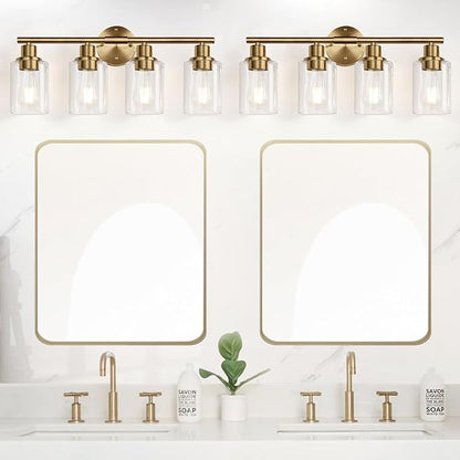 4-Light Bathroom Light Fixtures, Brushed Brass Modern Vanity Lights with Cyan Glass Shades, Bathroom Wall Lamp for Mirror Kitchen Living Room
