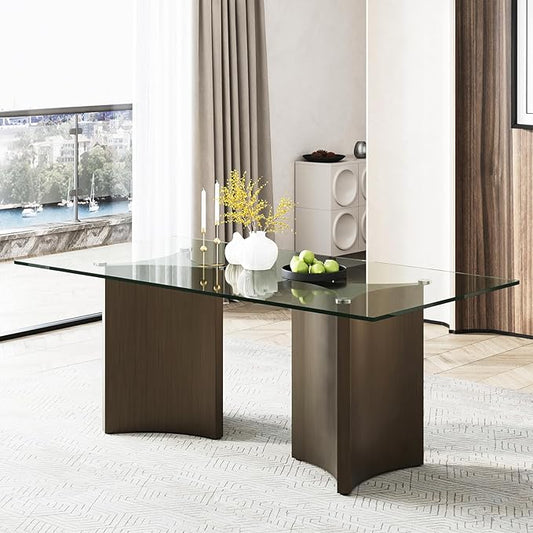 Asday 78” Modern Glass Dining Table, Rectangular Tempered Glass Kitchen Table with Dual Triangular Stainless Steel Pedestal for Living Room, Kitchen, Dining Room, Brushed Bronze