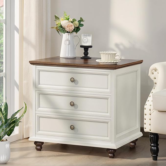 24" Wide Farmhouse Night Stand,Large End Table with 3 Drawers & Metal Handle,Wood Dresser for Bedroom, White Bed Side Table Chest of Drawers Cabinet,Nightstand for Living Room,Closet
