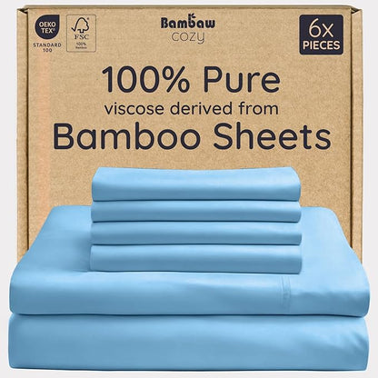 Bambaw 6pcs Set of 100% Viscose Derived from Bamboo Sheets for Queen Size Bed - Cooling Sheets Queen Size Deep Pocket, Fits Up to 16'' Mattresses, Super Soft Sheets Queen Size (Dream Blue)