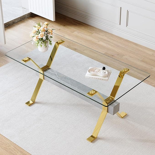 Glass Dining Table 71"｜Modern Dining Table for 6-8｜0.4" Thick Tempered Glass Top｜Chrome Gold Metal Legs｜Grey Crossbar｜Easy Assembly｜Perfect for Dining Room or Kitchen