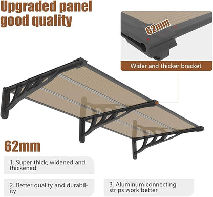 Door Awning Window Canopy, Modular Spliced Awnings for Outside,Porch,Patio,Deck,Polycarbonate Sheet,UV, Rain, and Snow Protection (Brown Board & Black Bracket, 35'’*40'’)